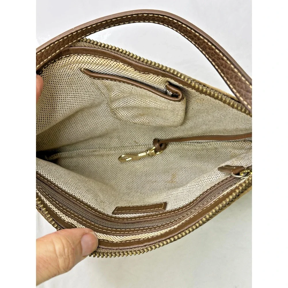 Vtg Dooney Bourke Purse DB Logo Canvas Jacquard Leather‎ Trim Brown Slim